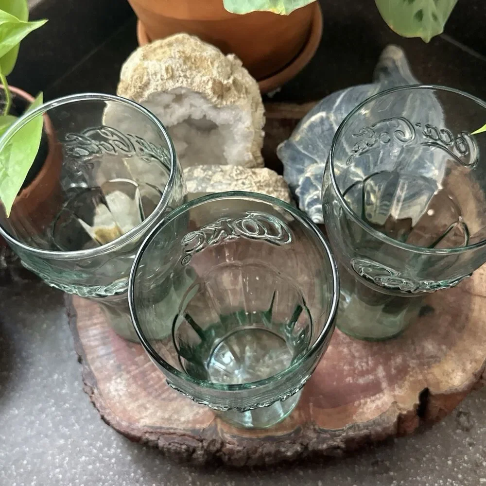 Coca Cola Contour Drinking Glasses Set of 3 Green Embossed Logo 7” Tall Large